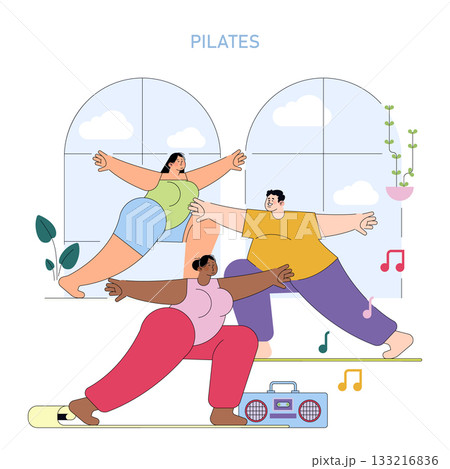 Diverse individuals joyfully engage in a pilates session, emphasizing balance and flexibility. The vector illustration captures community and wellness in a lively setting with musical elements. 133216836