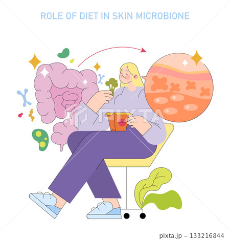 Vector illustration depicting the connection between diet and skin microbiome. A person enjoys a healthy snack, highlighting dietary influences on skin health and digestive microbiome. Vector illustration depicting the connection between diet and skin microbiome. A person enjoys a healthy snack, highlighting dietary influences on skin health and digestive microbiome. 133216844
