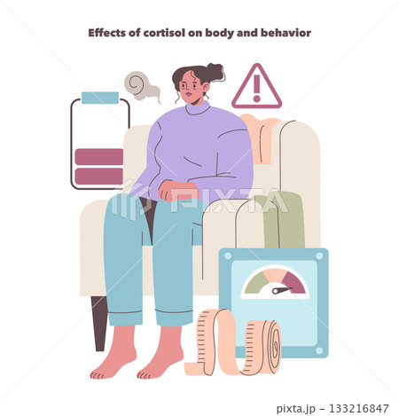 Vector illustration of a woman seated with a fatigued expression, surrounded by symbols indicating stress, exhaustion, and health concerns, highlighting cortisol's impact on behavior. Vector illustration of a woman seated with a fatigued expression, surrounded by symbols indicating stress, exhaustion, and health concerns, highlighting cortisol's impact on behavior. 133216847