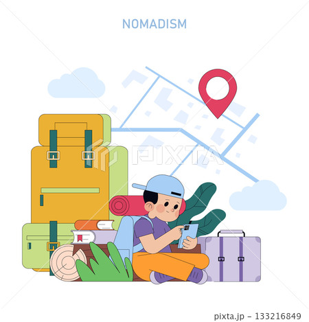 Vector illustration of a young traveler surrounded by luggage while using a digital map. The scene emphasizes the concept of nomadism and digital exploration in travel. Vector illustration of a young traveler surrounded by luggage while using a digital map. The scene emphasizes the concept of nomadism and digital exploration in travel. 133216849