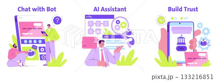 Vector illustration showcasing interaction with a chat bot, an AI assistant aiding problem-solving, and a secure online payment process. Bright and engaging digital communication themes. 133216851