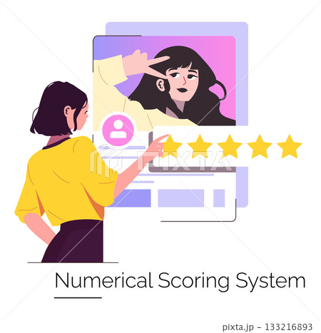 Vector illustration of a woman engaging with a digital profile screen, applying a star rating system. The image depicts digital evaluation and online feedback interaction. 133216893