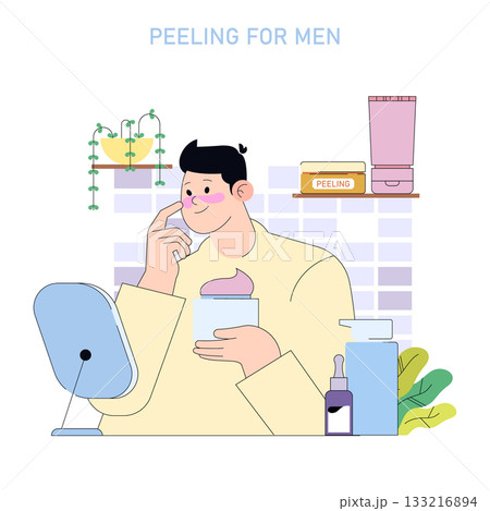 Vector illustration of a man applying peeling cream during his skincare routine. The setting includes skincare products like bottles and jars, creating a relaxed self-care atmosphere. 133216894