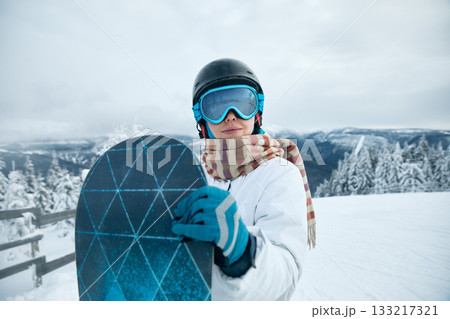 Close up of the ski goggles of a woman with the reflection of snowed mountains. Ski Woman Close up of the ski goggles of a woman with the reflection of snowed mountains. Ski Woman 133217321