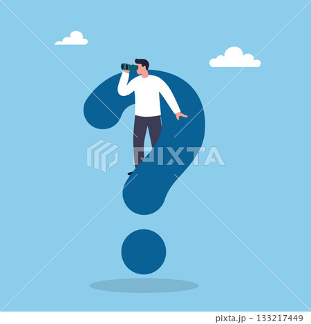 Man Looking for Answers on a Giant Question Mark. Searching for Solutions and Opportunities Concept Man Looking for Answers on a Giant Question Mark. Searching for Solutions and Opportunities Concept 133217449