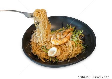 Top view of Stir Fried Rice Vermicelli with Water Mimosa and Shrimp, focus selective Top view of Stir Fried Rice Vermicelli with Water Mimosa and Shrimp, focus selective 133217537