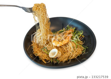 Top view of Stir Fried Rice Vermicelli with Water Mimosa and Shrimp, focus selective Top view of Stir Fried Rice Vermicelli with Water Mimosa and Shrimp, focus selective 133217539
