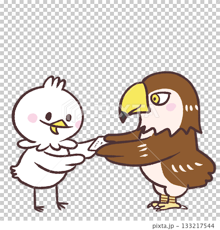 Illustration of a white bird receiving a hawk's business card 133217544