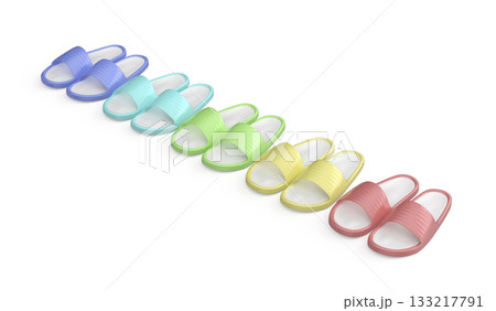 Row of five pairs of rubber slides in different colors Row of five pairs of rubber slides in different colors 133217791
