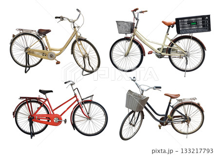side view four antique color bicycles on white background, decor, object, fashion, transporation, ancient, copy space 133217793