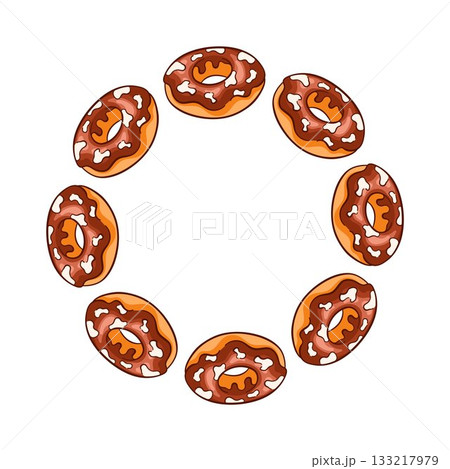 Wreath with donut chocolate in cartoon style. Desing for labels, restaurant, cafe card, bakery menu isolated on a white background. 133217979