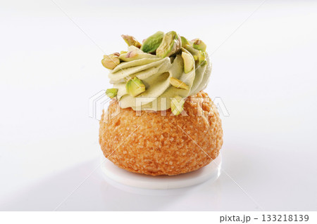 Detailed view. Delicious cake against white background 133218139