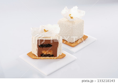 Close detailed view. Delicious cake against white background Close detailed view. Delicious cake against white background 133218143
