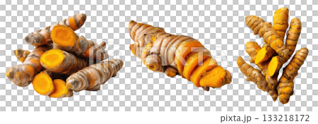 Set of herbs, fresh turmeric root, Isolated on a transparent background. 133218172
