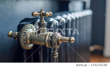Antique radiator valve detail with metallic finish, vintage heating equipment, rustic industrial architecture, mechanical heritage charm, retro atmosphere, decorative element, detailed design craftsma 133218188