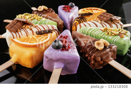 Organized on the surface. Tasty cheesecakes on the black background Organized on the surface. Tasty cheesecakes on the black background 133218308