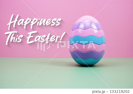 Easter Egg with text "Happiness This Easter!" on pink and green background Easter Egg with text "Happiness This Easter!" on pink and green background 133219202