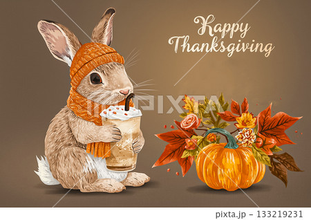 A cartoon rabbit dressed in a knitted hat and scarf drinking latte with pumpkins and colorful leaves with the text Happy Thanksgiving, greeting cards. 133219231