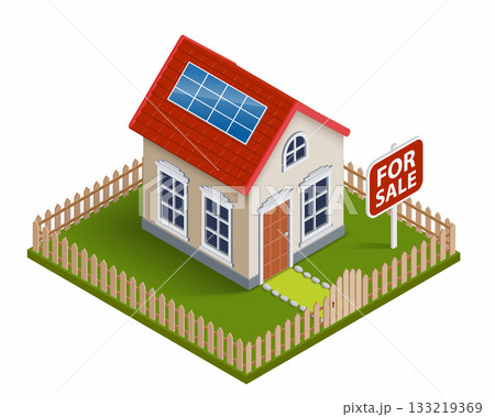 For sale sign next to a house. Isometric projection 133219369
