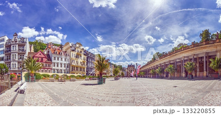 Panorama of colonnade and colorful buildings in Karlovy Vary 133220855