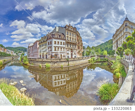 Panorama of Tepla river and historic facades in Karlovy Vary Panorama of Tepla river and historic facades in Karlovy Vary 133220863