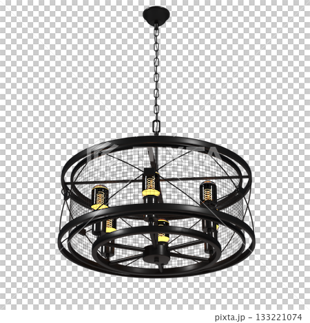 chandelier on the ceiling isolated on transparent background, hanging lamp, pendant light, 3D illustration, cg render 133221074