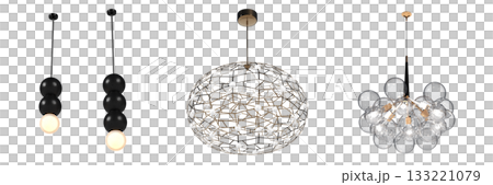 chandelier on the ceiling isolated on transparent background, hanging lamp, pendant light, 3D illustration, cg render 133221079