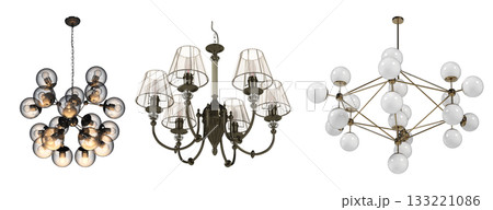 chandelier on the ceiling isolated on transparent background, hanging lamp, pendant light, 3D illustration, cg render chandelier on the ceiling isolated on transparent background, hanging lamp, pendant light, 3D illustration, cg render 133221086
