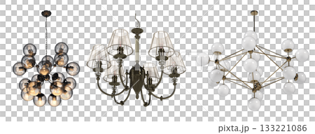 chandelier on the ceiling isolated on transparent background, hanging lamp, pendant light, 3D illustration, cg render chandelier on the ceiling isolated on transparent background, hanging lamp, pendant light, 3D illustration, cg render 133221086