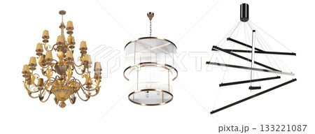 chandelier on the ceiling isolated on transparent background, hanging lamp, pendant light, 3D illustration, cg render 133221087