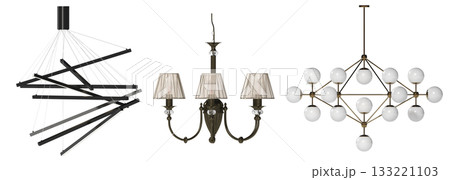 chandelier on the ceiling isolated on transparent background, hanging lamp, pendant light, 3D illustration, cg render 133221103