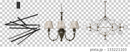 chandelier on the ceiling isolated on transparent background, hanging lamp, pendant light, 3D illustration, cg render 133221103