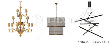 chandelier on the ceiling isolated on transparent background, hanging lamp, pendant light, 3D illustration, cg render chandelier on the ceiling isolated on transparent background, hanging lamp, pendant light, 3D illustration, cg render 133221104