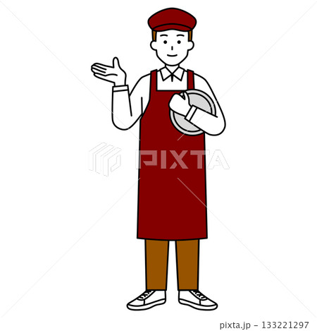 案内するカフェの男性店員（全身） 133221297