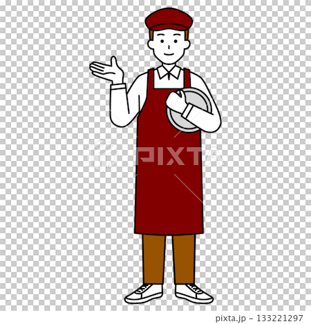 案内するカフェの男性店員（全身） 133221297