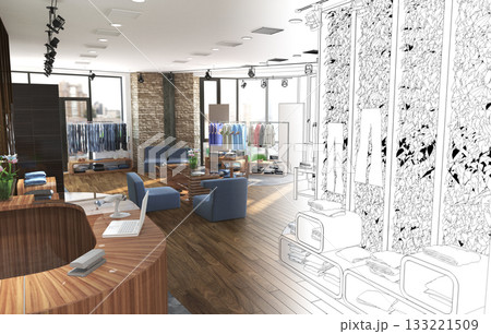 clothing store, interior visualization, 3D illustration clothing store, interior visualization, 3D illustration 133221509