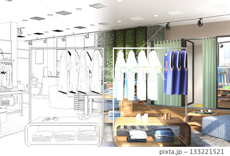 clothing store, interior visualization, 3D illustration clothing store, interior visualization, 3D illustration 133221521