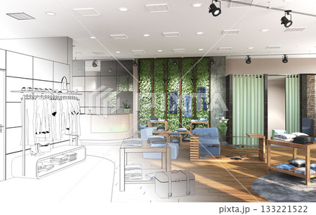 clothing store, interior visualization, 3D illustration clothing store, interior visualization, 3D illustration 133221522