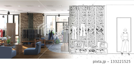 clothing store, interior visualization, 3D illustration 133221525