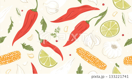 Mexican food pattern with chili peppers, corn, lime slices, herbs and spices background 133221741