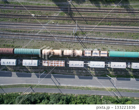 railway, trains with wagons, view from above railway, trains with wagons, view from above 133221836