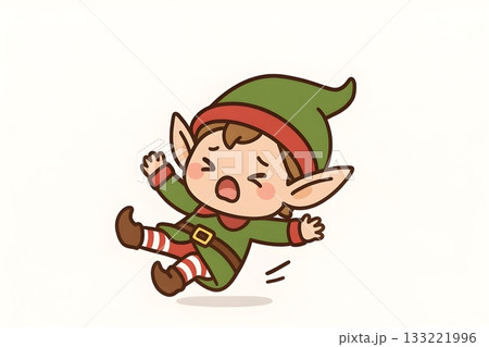Cute Christmas elf slipping and falling, arms flailing and wide-mouthed 133221996