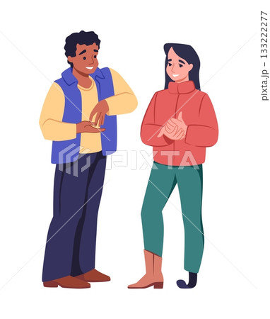 Inclusive people. Disabled woman with leg prosthesis. Inclusion support to person with disability. Happy diversity couple. Handicap girlfriend talking with boyfriend. Vector concept 133222277