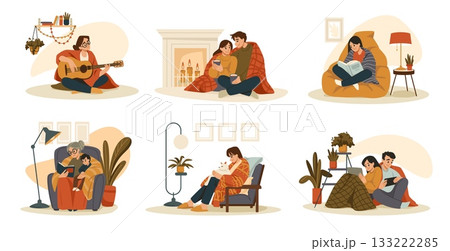 Winter home. Sick person in blanket. Characters in casual plaids or scarves chill at furnace. Couple hugging on sofa at heater. Woman and man shiver in frozen room. Vector flat scenes set Winter home. Sick person in blanket. Characters in casual plaids or scarves chill at furnace. Couple hugging on sofa at heater. Woman and man shiver in frozen room. Vector flat scenes set 133222285