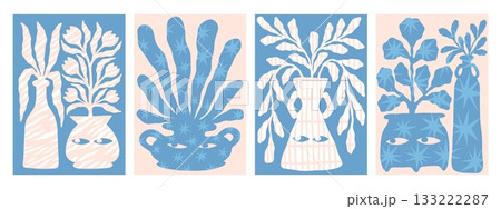 Abstract posters. Modern art elements. Scribble collage or minimalist geometric decoration. Paper wall decor. Vase bouquet. Flowers and leaves. Patterned shapes. Vector floral cards set 133222287