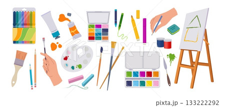Art tools. Paint brush, easel or craft paintbrush for workshop, painter stationery. Artist equipment, cute pencil, gouache jars and palette. Vector cartoon flat style isolated illustration Art tools. Paint brush, easel or craft paintbrush for workshop, painter stationery. Artist equipment, cute pencil, gouache jars and palette. Vector cartoon flat style isolated illustration 133222292