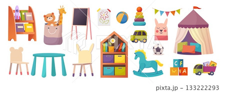 Kids room. Kindergarten classroom with toys. Interior furniture. Play game. Children books inside nursery. School playroom. Preschool daycare. Elementary class decor vector elements set Kids room. Kindergarten classroom with toys. Interior furniture. Play game. Children books inside nursery. School playroom. Preschool daycare. Elementary class decor vector elements set 133222293
