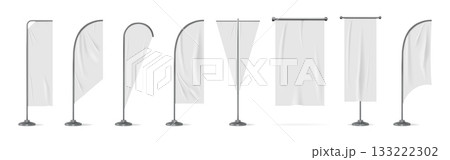 Flag sign. Vertical flagpole, white beach bow or blank brand event banner for show or promotion, textile different forms. Realistic marketing advertising mockup. Vector template isolated set Flag sign. Vertical flagpole, white beach bow or blank brand event banner for show or promotion, textile different forms. Realistic marketing advertising mockup. Vector template isolated set 133222302