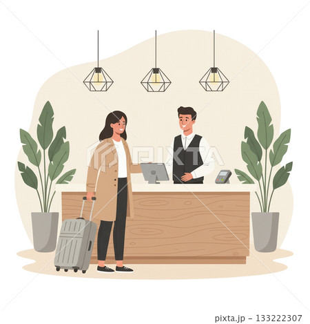 Illustration of a woman checking into a stylish hotel reception with suitcase, friendly staff, soft lighting, and modern decor. Perfect for travel and hospitality themes. Vector illustration Illustration of a woman checking into a stylish hotel reception with suitcase, friendly staff, soft lighting, and modern decor. Perfect for travel and hospitality themes. Vector illustration 133222307
