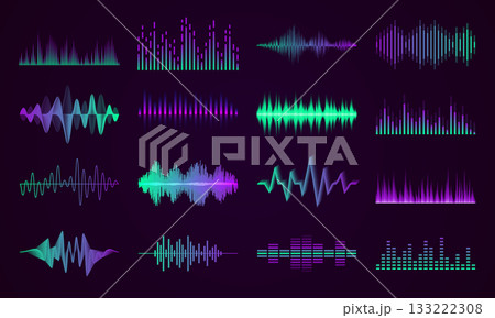Music wave. Sound tune. Audio impulse. Voice stereo pulse. Soundwave frequency. Chart rhythm spectrum. Equalizer gradient form. Musical abstract beats. Vector graphic waveform shapes set 133222308